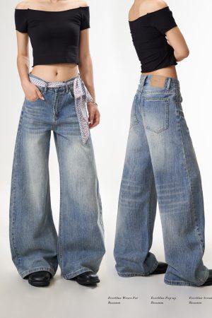 Vintage Blue Denim Pants for Women, Washed Creased Straight Leg, Curved Knife Design, Loose Fit Casual Trousers, Trendy Y2K Fashion