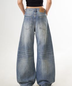 Vintage Blue Denim Pants for Women, Washed Creased Straight Leg, Curved Knife Design, Loose Fit Casual Trousers, Trendy Y2K Fashion