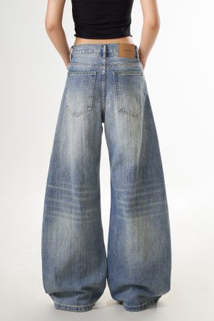 Vintage Blue Denim Pants for Women, Washed Creased Straight Leg, Curved Knife Design, Loose Fit Casual Trousers, Trendy Y2K Fashion