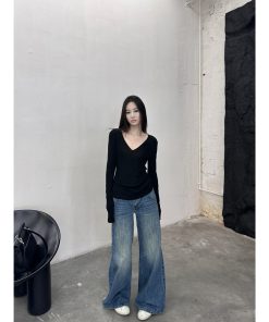 Vintage Blue Distressed Low-Rise Straight-Leg Jeans for Autumn Winter - Versatile Loose-Fit Floor-Length Pants