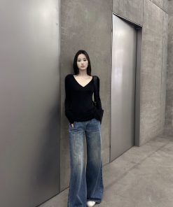 Vintage Blue Distressed Low-Rise Straight-Leg Jeans for Autumn Winter - Versatile Loose-Fit Floor-Length Pants