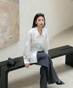 Vintage Blue Long Sleeve Shirt with Pointed Collar, Loose Silhouette, Doll Collar & 3D Pleats - Retro Style Fashion Top