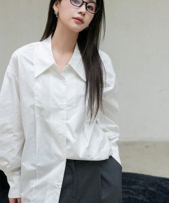 Vintage Blue Long Sleeve Shirt with Pointed Collar, Loose Silhouette, Doll Collar & 3D Pleats - Retro Style Fashion Top
