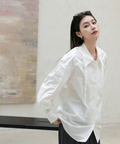 Vintage Blue Long Sleeve Shirt with Pointed Collar, Loose Silhouette, Doll Collar & 3D Pleats - Retro Style Fashion Top