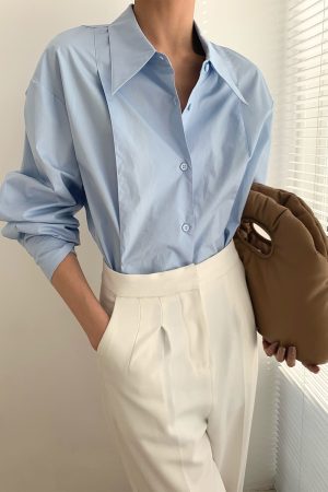 Vintage Blue Long Sleeve Shirt with Pointed Collar, Loose Silhouette, Doll Collar & 3D Pleats - Retro Style Fashion Top