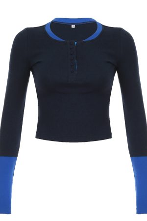 Vintage Blue Shoulder Faux Two-Piece Long Sleeve T-Shirt - Women's Waist-Defining Base Layer Top for Spring Autumn 2025 Fashion
