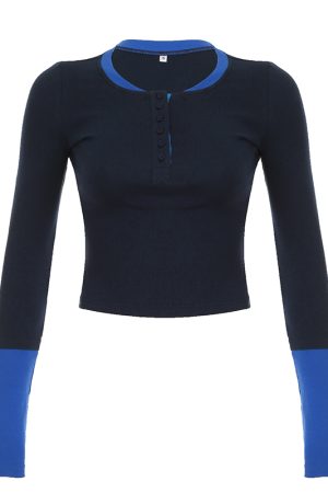 Vintage Blue Shoulder Faux Two-Piece Long Sleeve T-Shirt - Women's Waist-Defining Base Layer Top for Spring Autumn 2025 Fashion