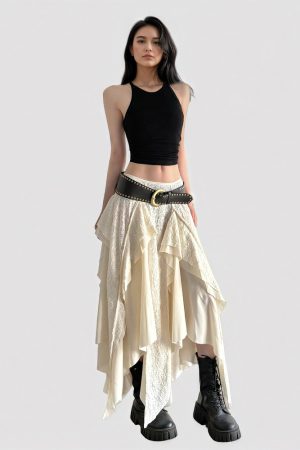 Vintage Bohemian Off-White Lace Irregular Midi Skirt | Unique Patchwork Design for Y2K and Retro Fashion