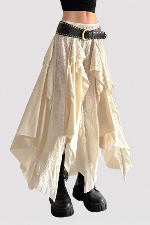 Vintage Bohemian Off-White Lace Irregular Midi Skirt | Unique Patchwork Design for Y2K and Retro Fashion