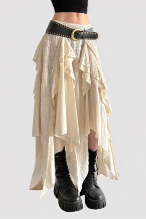 Vintage Bohemian Off-White Lace Irregular Midi Skirt | Unique Patchwork Design for Y2K and Retro Fashion