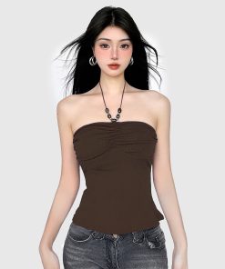 Vintage Brown Beaded Neckline Strapless Tank Top - 2025 Summer Simple Versatile Waist-Defining Backless Style