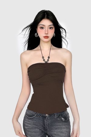 Vintage Brown Beaded Neckline Strapless Tank Top - 2025 Summer Simple Versatile Waist-Defining Backless Style