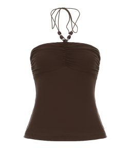 Vintage Brown Beaded Neckline Strapless Tank Top - 2025 Summer Simple Versatile Waist-Defining Backless Style