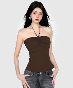 Vintage Brown Beaded Neckline Strapless Tank Top - 2025 Summer Simple Versatile Waist-Defining Backless Style
