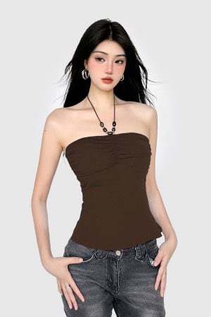 Vintage Brown Beaded Neckline Strapless Tank Top - 2025 Summer Simple Versatile Waist-Defining Backless Style