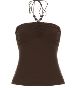 Vintage Brown Beaded Neckline Strapless Tank Top - 2025 Summer Simple Versatile Waist-Defining Backless Style