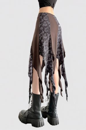 Vintage Brown Floral Print Ruffled Midi Skirt with Irregular Patchwork - Summer Retro 90s Style Fashion