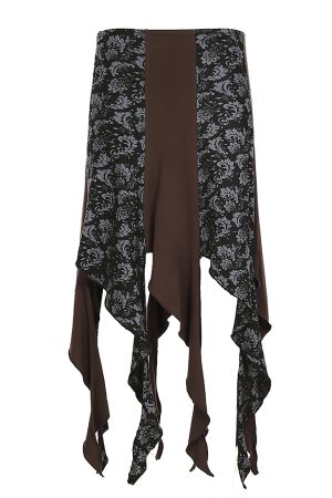 Vintage Brown Floral Print Ruffled Midi Skirt with Irregular Patchwork - Summer Retro 90s Style Fashion