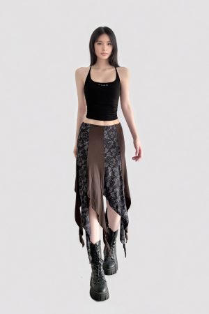 Vintage Brown Floral Print Ruffled Midi Skirt with Irregular Patchwork - Summer Retro 90s Style Fashion