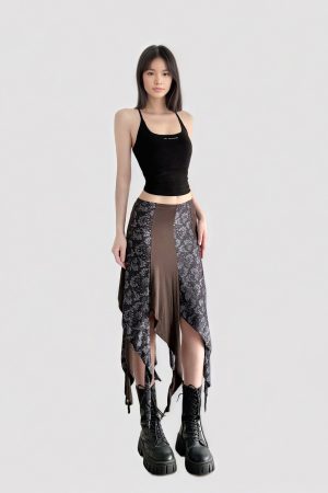 Vintage Brown Floral Print Ruffled Midi Skirt with Irregular Patchwork - Summer Retro 90s Style Fashion