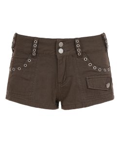 Vintage Brown Low-Waist Denim Ultra-Shorts with Studded Pockets - Street Industrial Hot Pants for a 90s Y2K Style Look