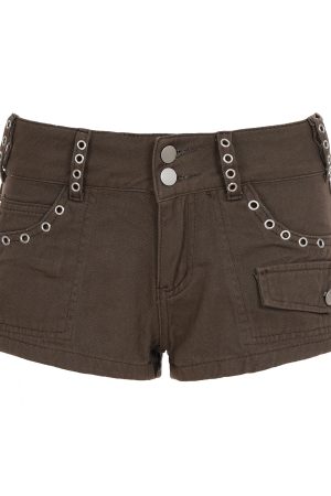 Vintage Brown Low-Waist Denim Ultra-Shorts with Studded Pockets - Street Industrial Hot Pants for a 90s Y2K Style Look