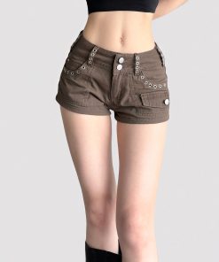 Vintage Brown Low-Waist Denim Ultra-Shorts with Studded Pockets - Street Industrial Hot Pants for a 90s Y2K Style Look