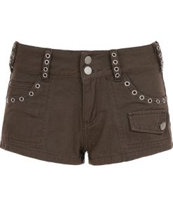 Vintage Brown Low-Waist Denim Ultra-Shorts with Studded Pockets - Street Industrial Hot Pants for a 90s Y2K Style Look