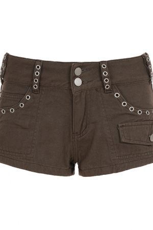 Vintage Brown Low-Waist Denim Ultra-Shorts with Studded Pockets - Street Industrial Hot Pants for a 90s Y2K Style Look