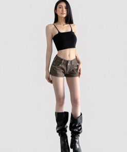 Vintage Brown Low-Waist Denim Ultra-Shorts with Studded Pockets - Street Industrial Hot Pants for a 90s Y2K Style Look