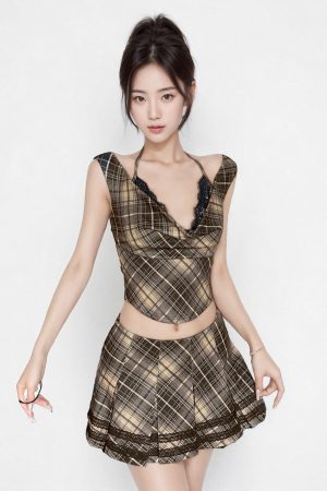 Vintage Brown Plaid Fake Two-Piece Lace Camisole Sexy Low-Cut Sleeveless Halter Top - Y2K Inspired Fashion Statement