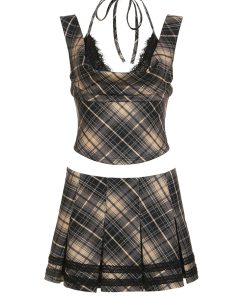 Vintage Brown Plaid Fake Two-Piece Lace Camisole Sexy Low-Cut Sleeveless Halter Top - Y2K Inspired Fashion Statement