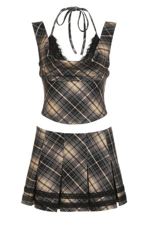 Vintage Brown Plaid Fake Two-Piece Lace Camisole Sexy Low-Cut Sleeveless Halter Top - Y2K Inspired Fashion Statement