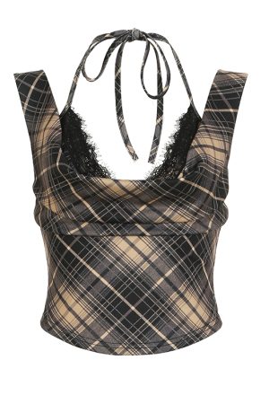Vintage Brown Plaid Fake Two-Piece Lace Camisole Sexy Low-Cut Sleeveless Halter Top - Y2K Inspired Fashion Statement