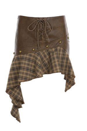 Vintage Brown Plaid Spliced Irregular Leather Midi Skirt with Lace-Up Detail - Wasteland Style Bodycon Mini Skirt