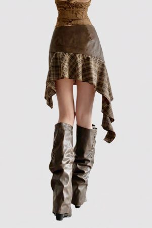 Vintage Brown Plaid Spliced Irregular Leather Midi Skirt with Lace-Up Detail - Wasteland Style Bodycon Mini Skirt