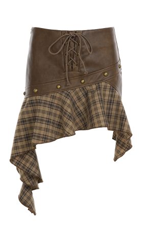 Vintage Brown Plaid Spliced Irregular Leather Midi Skirt with Lace-Up Detail - Wasteland Style Bodycon Mini Skirt