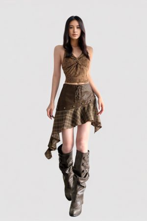 Vintage Brown Plaid Spliced Irregular Leather Midi Skirt with Lace-Up Detail - Wasteland Style Bodycon Mini Skirt
