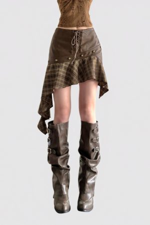Vintage Brown Plaid Spliced Irregular Leather Midi Skirt with Lace-Up Detail - Wasteland Style Bodycon Mini Skirt