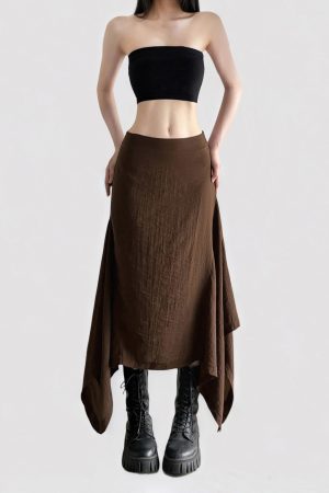 Vintage Brown Zipper Irregular A-Line Midi Skirt - 2025 Summer Simple Versatile Slimming Pleated Long Skirt for Y2K Fashion