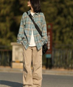 Vintage Brushed Plaid Long Sleeve Shirt Jacket for Men and Women - Loose Casual Frayed Checkered Style for Spring and Autumn Fashion