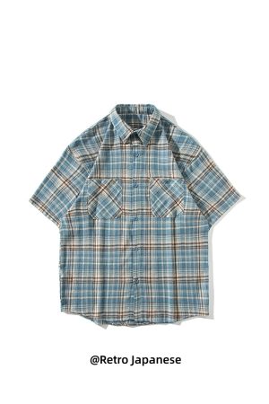 Vintage Brushed Plaid Short-Sleeve Shirt for Men & Women, Loose Casual Half-Sleeve Top, Versatile Couple's Shirt, Trendy Fashion