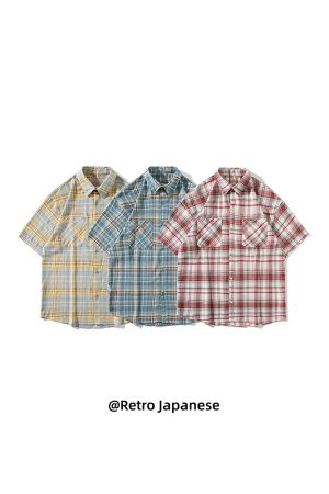 Vintage Brushed Plaid Short-Sleeve Shirt for Men & Women, Loose Casual Half-Sleeve Top, Versatile Couple's Shirt, Trendy Fashion