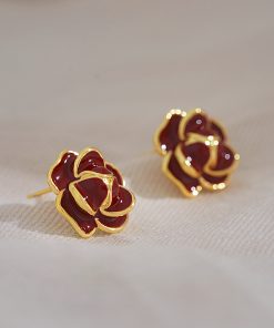 Vintage Burgundy Camellia Flower Earrings - High-End Enamel Drip Glaze Floral Design, Elegant Versatile Ear Accessories