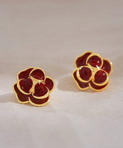 Vintage Burgundy Camellia Flower Earrings - High-End Enamel Drip Glaze Floral Design, Elegant Versatile Ear Accessories
