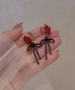 Vintage Burgundy Rose Bowknot Stud Earrings for Women, Unique Flocked Ear Clips, Light Luxury Niche Design, Elegant Accessories