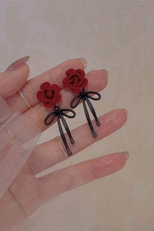 Vintage Burgundy Rose Bowknot Stud Earrings for Women, Unique Flocked Ear Clips, Light Luxury Niche Design, Elegant Accessories