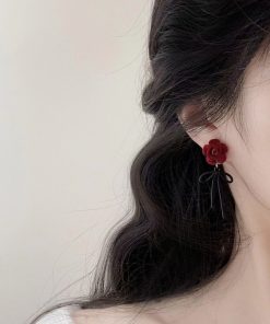 Vintage Burgundy Rose Bowknot Stud Earrings for Women, Unique Flocked Ear Clips, Light Luxury Niche Design, Elegant Accessories