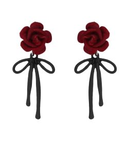Vintage Burgundy Rose Bowknot Stud Earrings for Women, Unique Flocked Ear Clips, Light Luxury Niche Design, Elegant Accessories