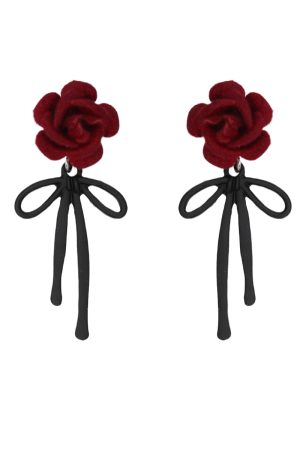 Vintage Burgundy Rose Bowknot Stud Earrings for Women, Unique Flocked Ear Clips, Light Luxury Niche Design, Elegant Accessories